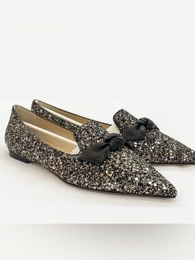 Jimmy Choo Black and Gold Glitter Gabie Flat